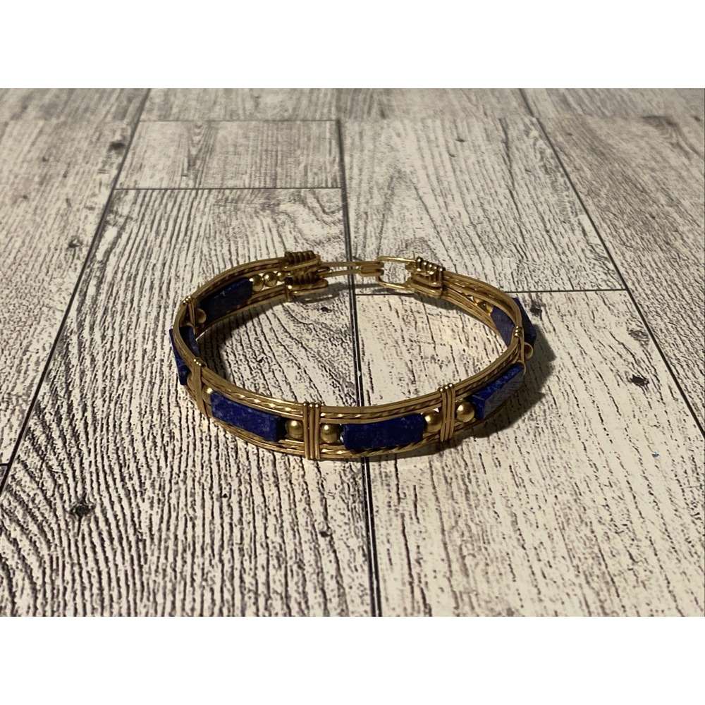 Vintage Lapis Lazuli Bracelet Gold Plated Bangle 6.5" Hook Closure